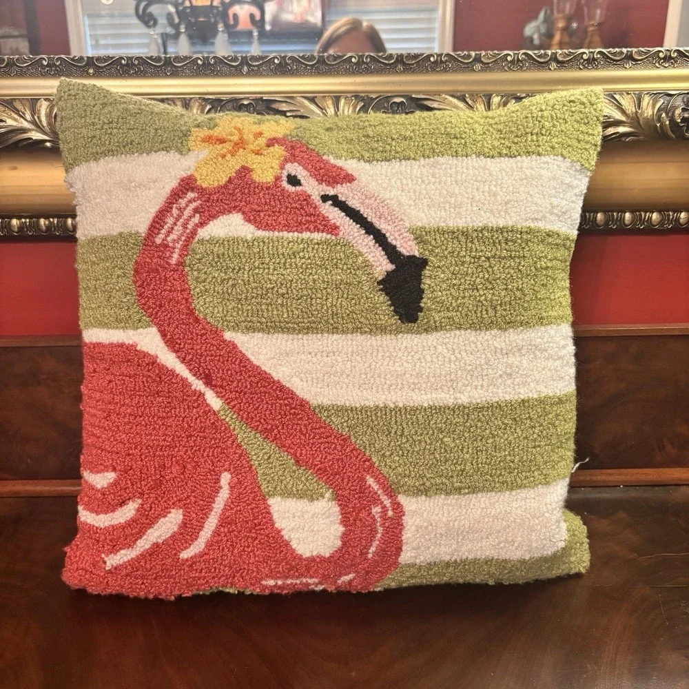 Flamingo Hooked Pillow 18x18 Tropical Coastal‎ Decor Green Stripe Accent Pillow